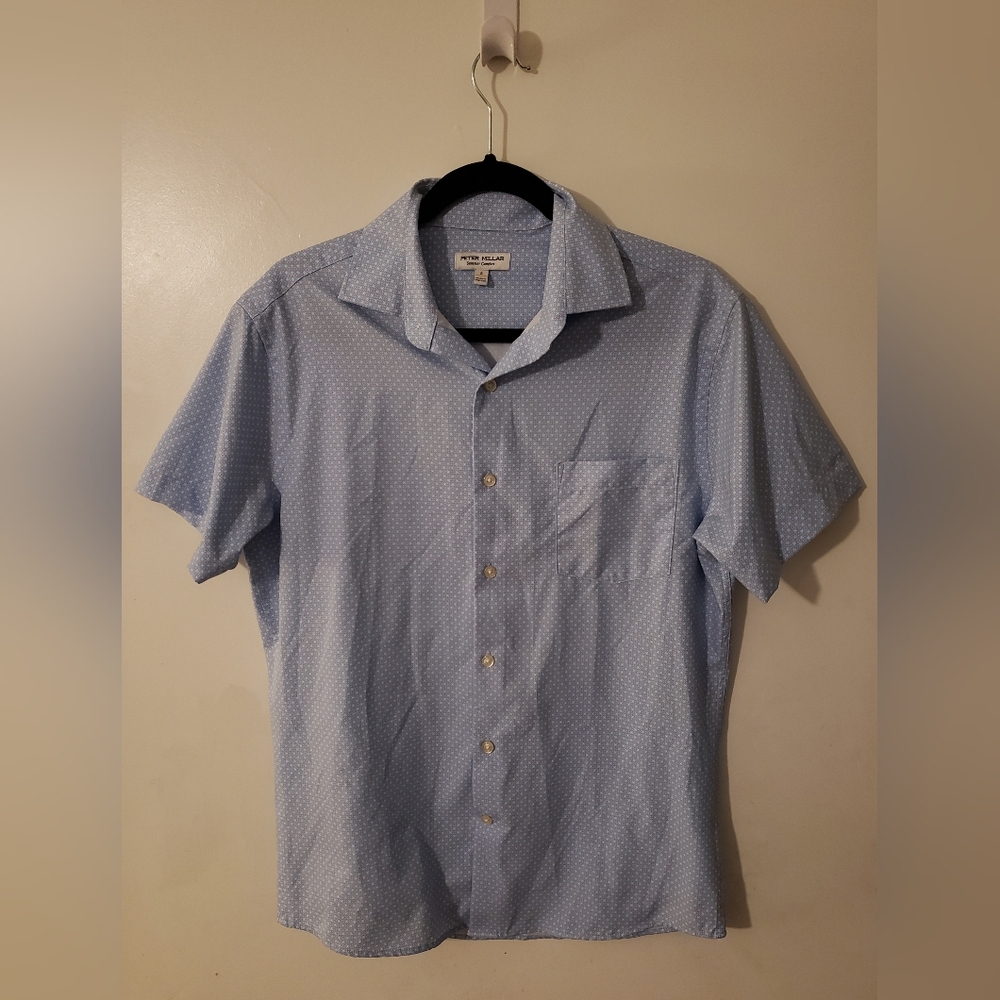 Peter Millar Summer Comfort - Blue Geometric Short Sleeve Button Up - Size: S